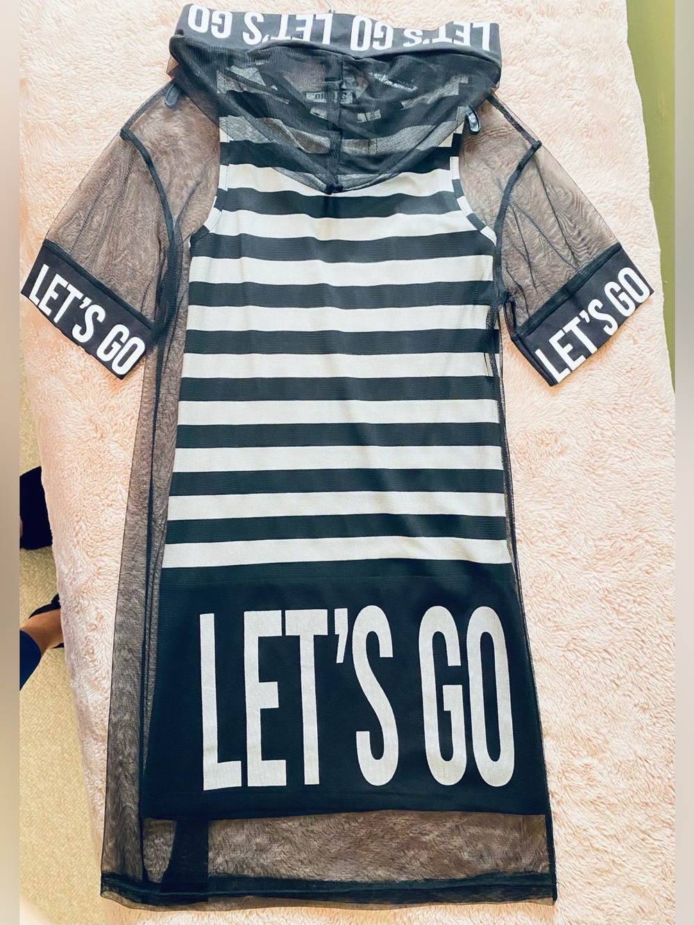 Girl SZ 146 STUDIO Black & White Striped Mesh Hooded Top with Graphic Lettering